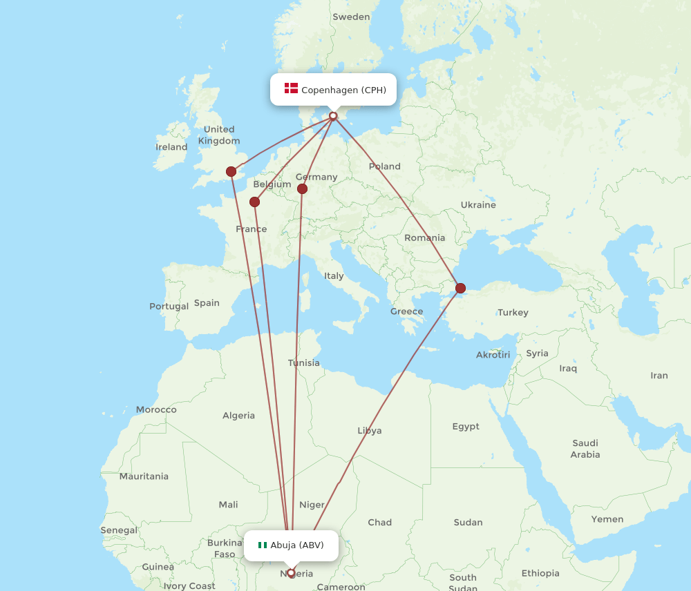 CPH to ABV flights and routes map