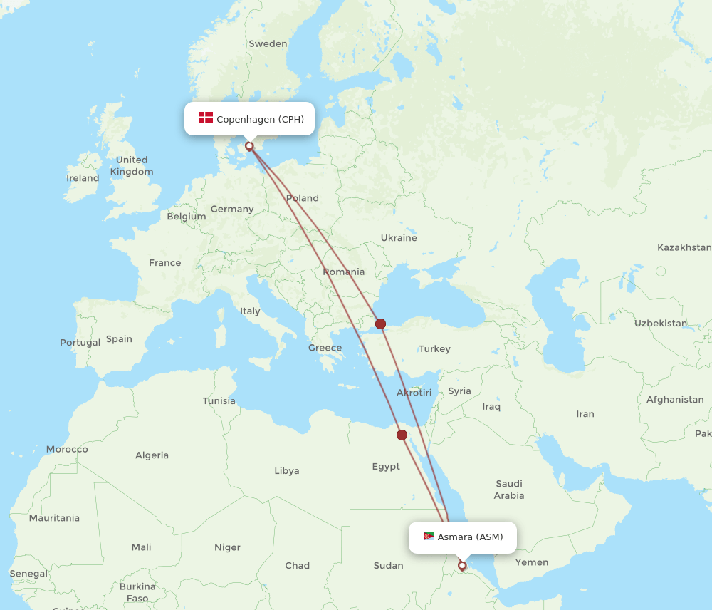 CPH to ASM flights and routes map