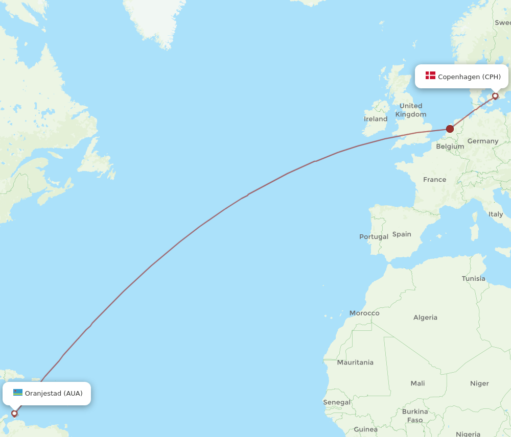 CPH to AUA flights and routes map