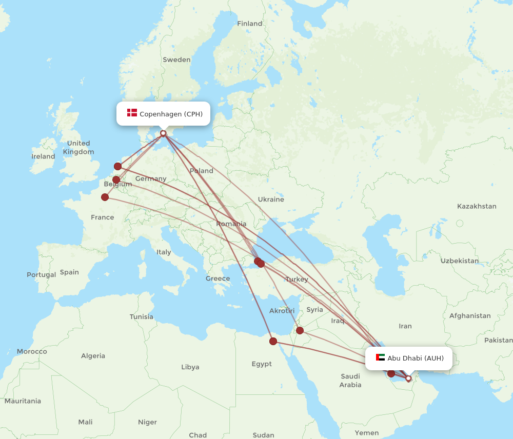 CPH to AUH flights and routes map