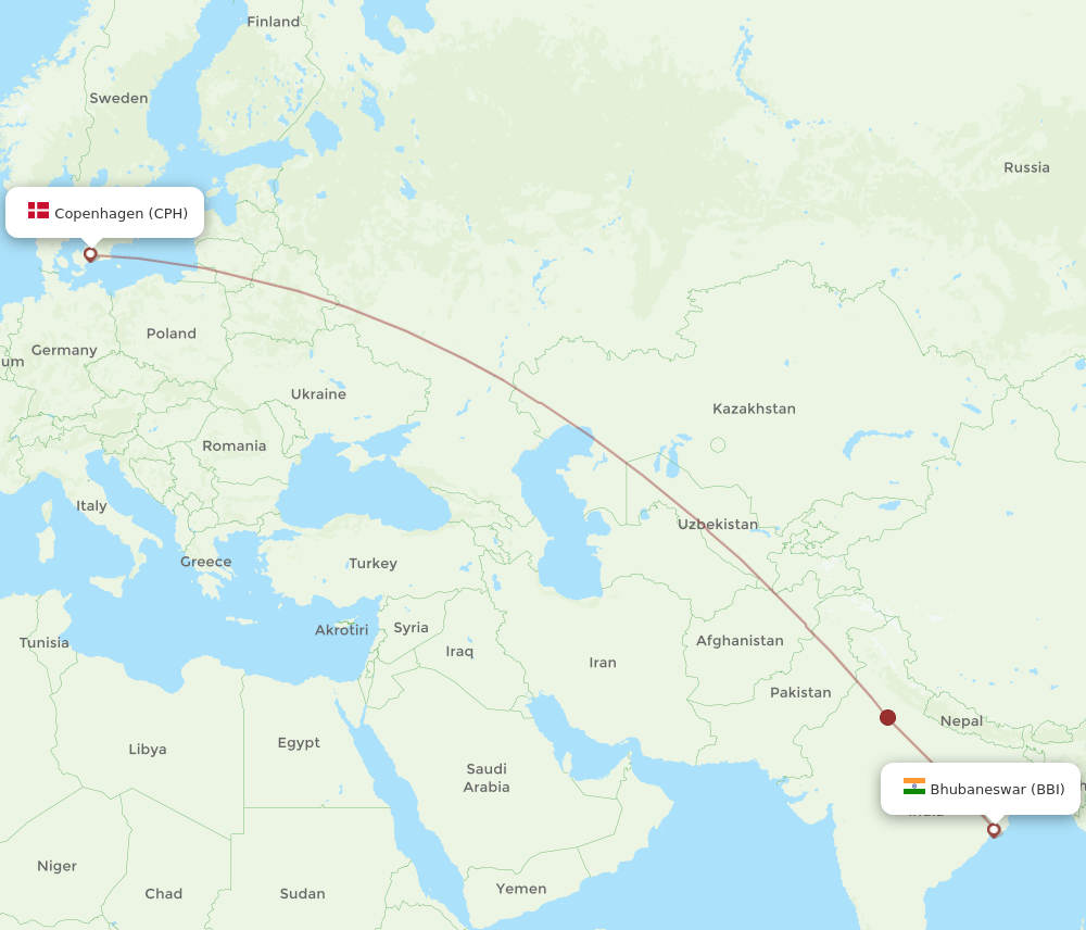 Bhubaneswar - Copenhagen route map and flight paths