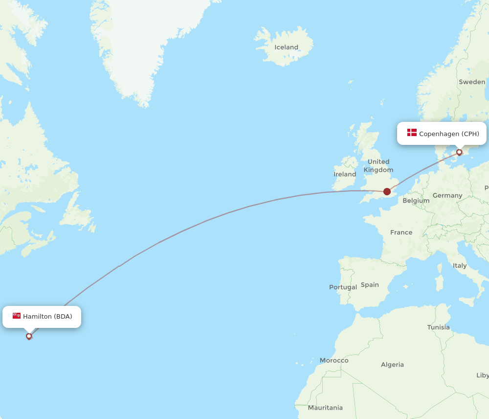 CPH to BDA flights and routes map