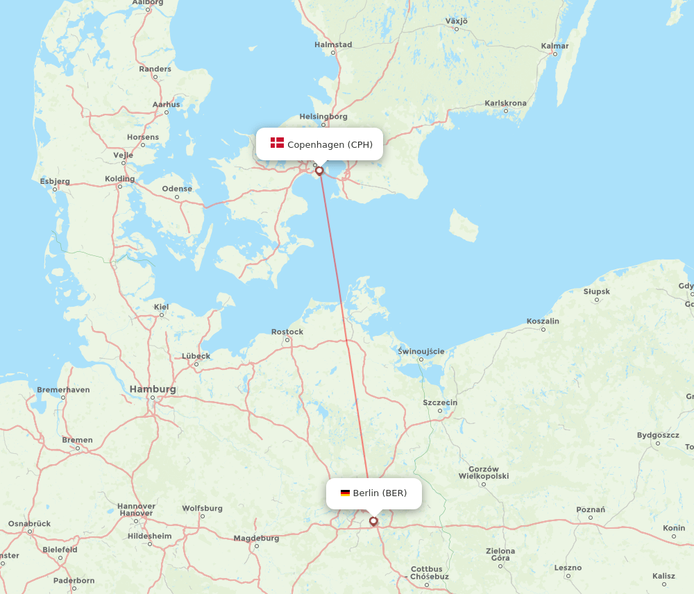 Copenhagen - Berlin route map and flight paths
