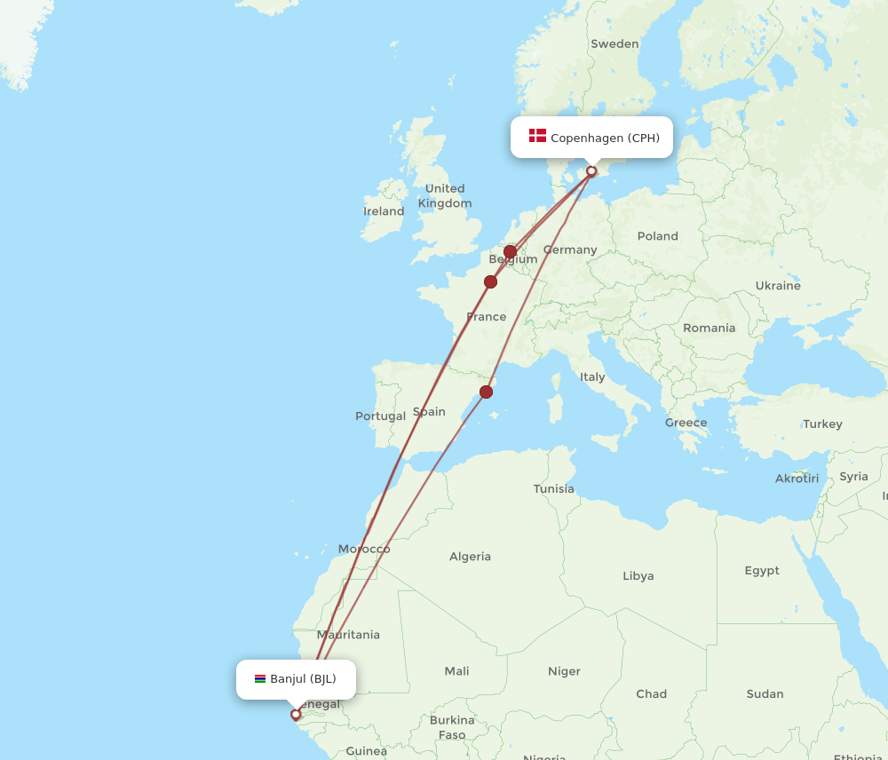 CPH-BJL flight routes