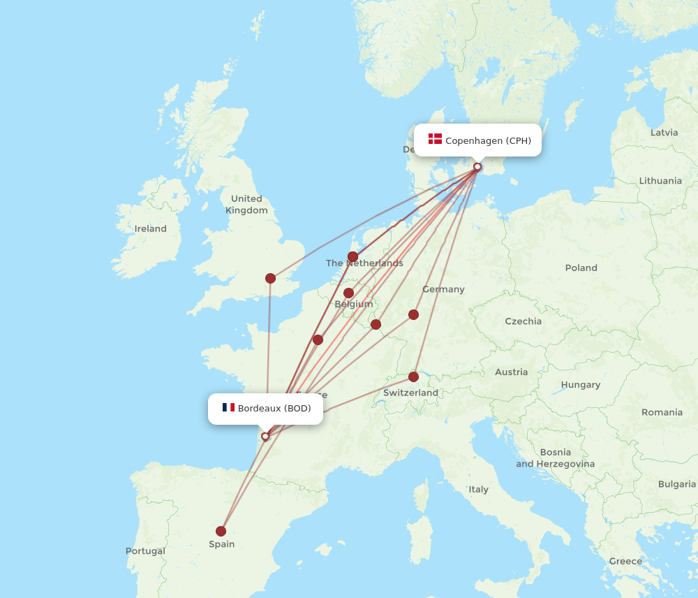 CPH to BOD flights and routes map