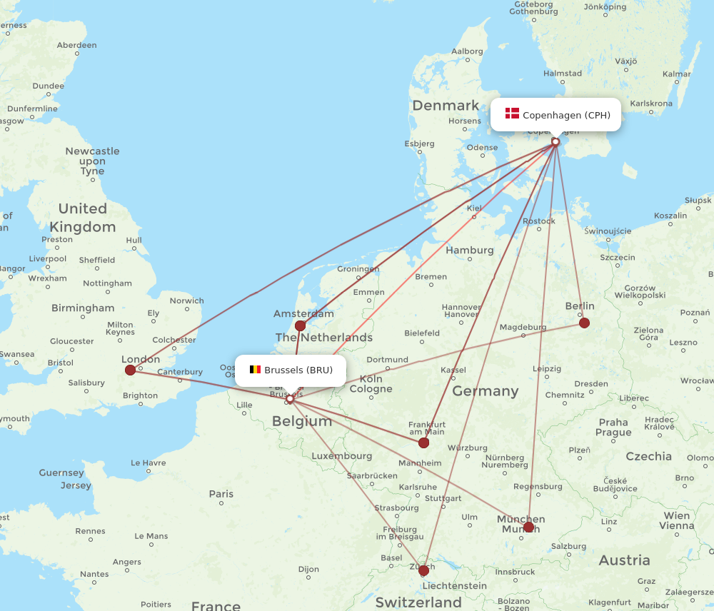 CPH to BRU flights and routes map