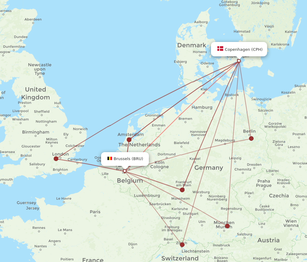 CPH to BRU flights and routes map