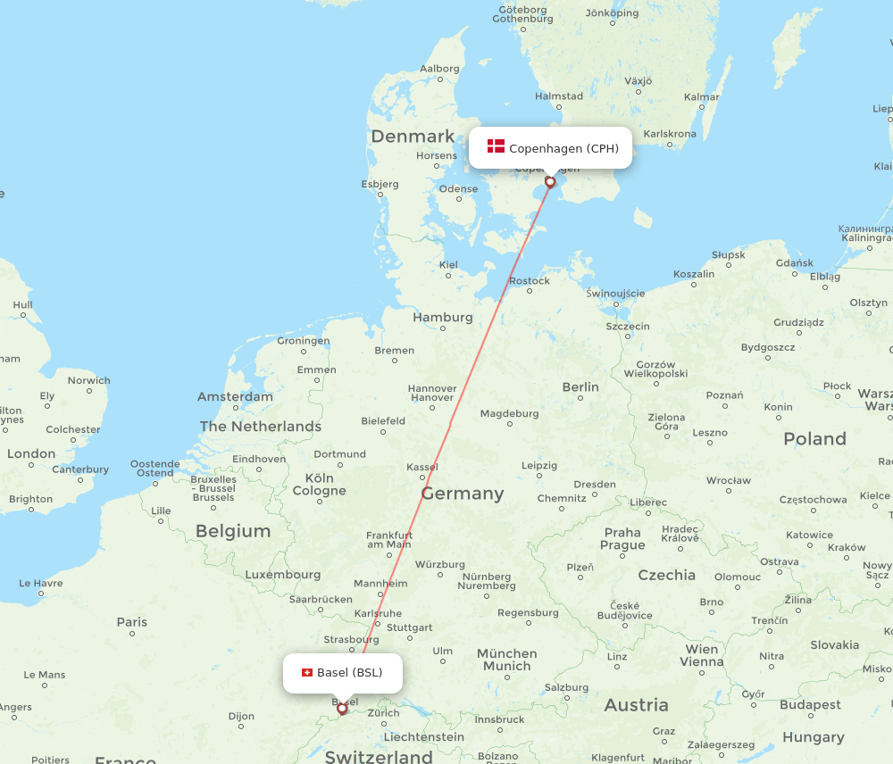 CPH to BSL flights and routes map