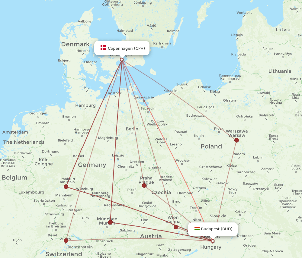 CPH to BUD flights and routes map