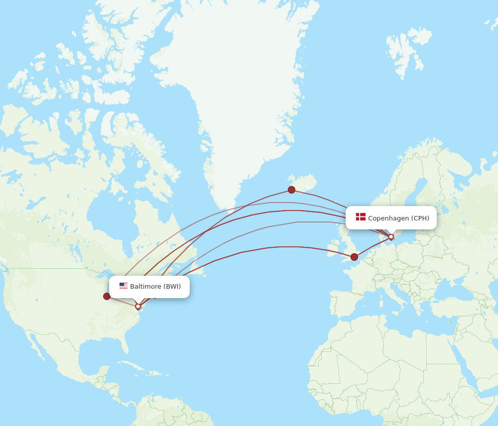 CPH to BWI flights and routes map