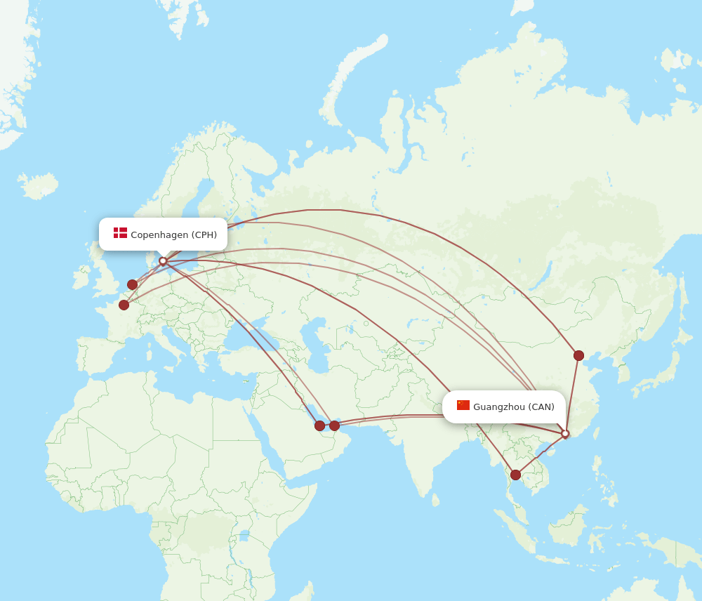 CPH to CAN flights and routes map