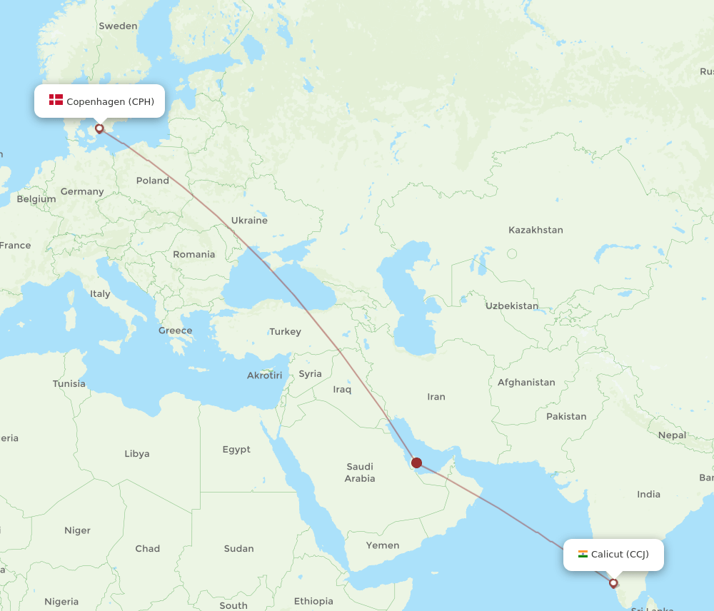 CPH to CCJ flights and routes map
