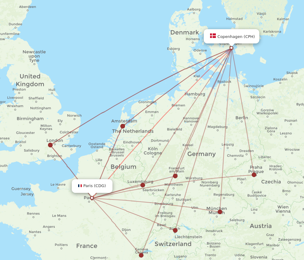CPH to CDG flights and routes map