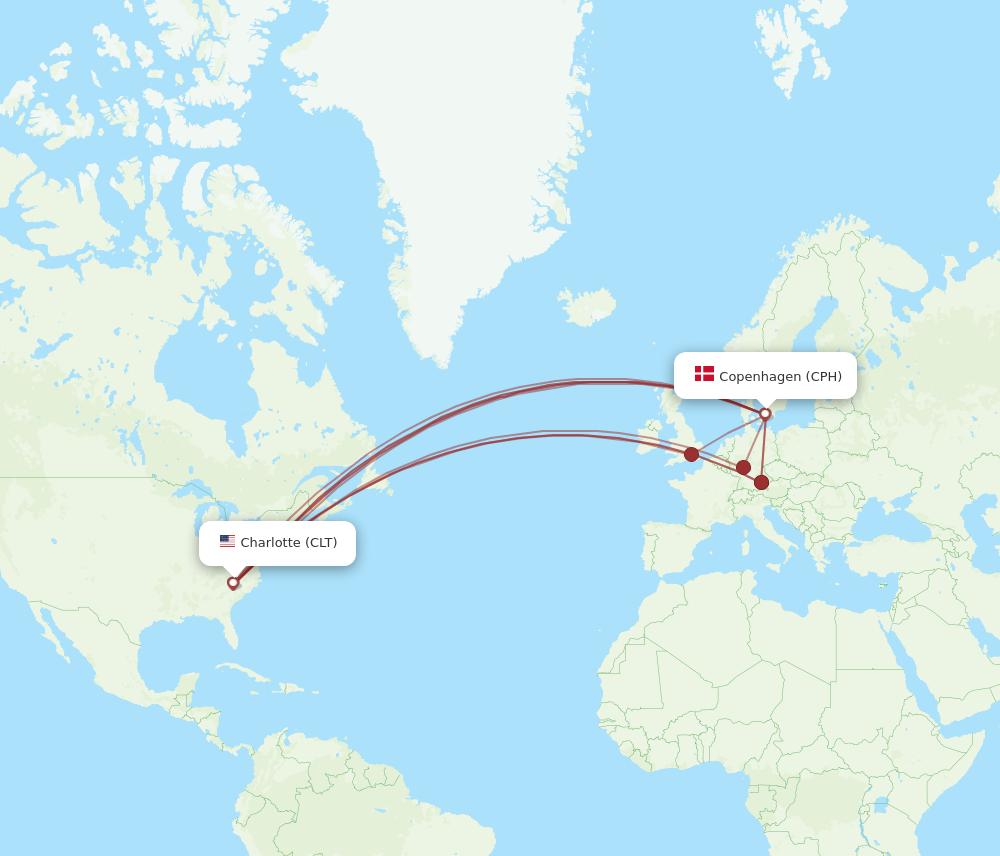 CPH to CLT flights and routes map