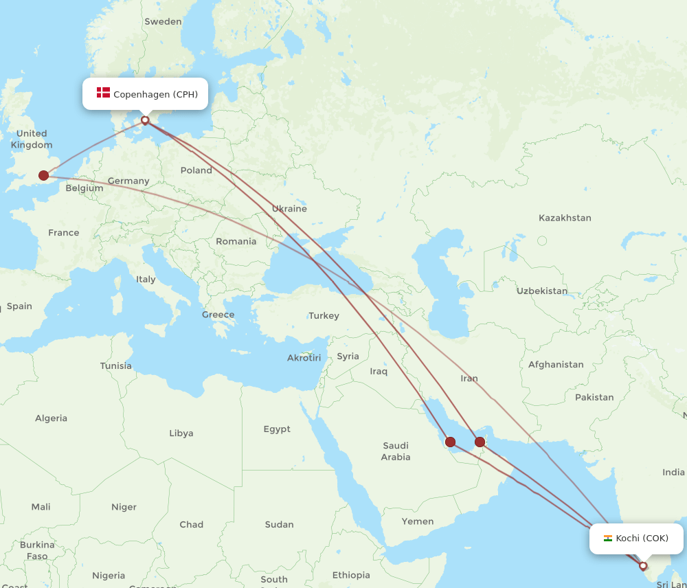 CPH to COK flights and routes map