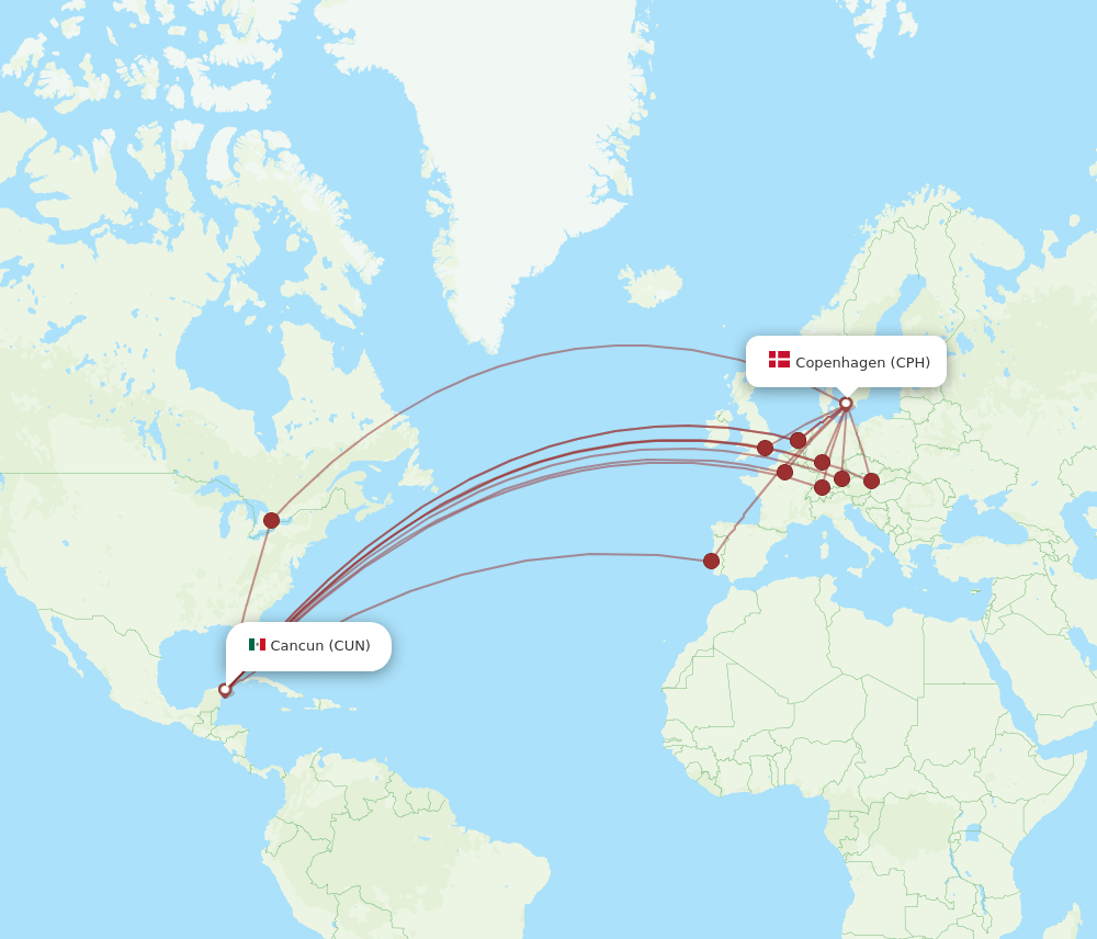 CPH to CUN flights and routes map