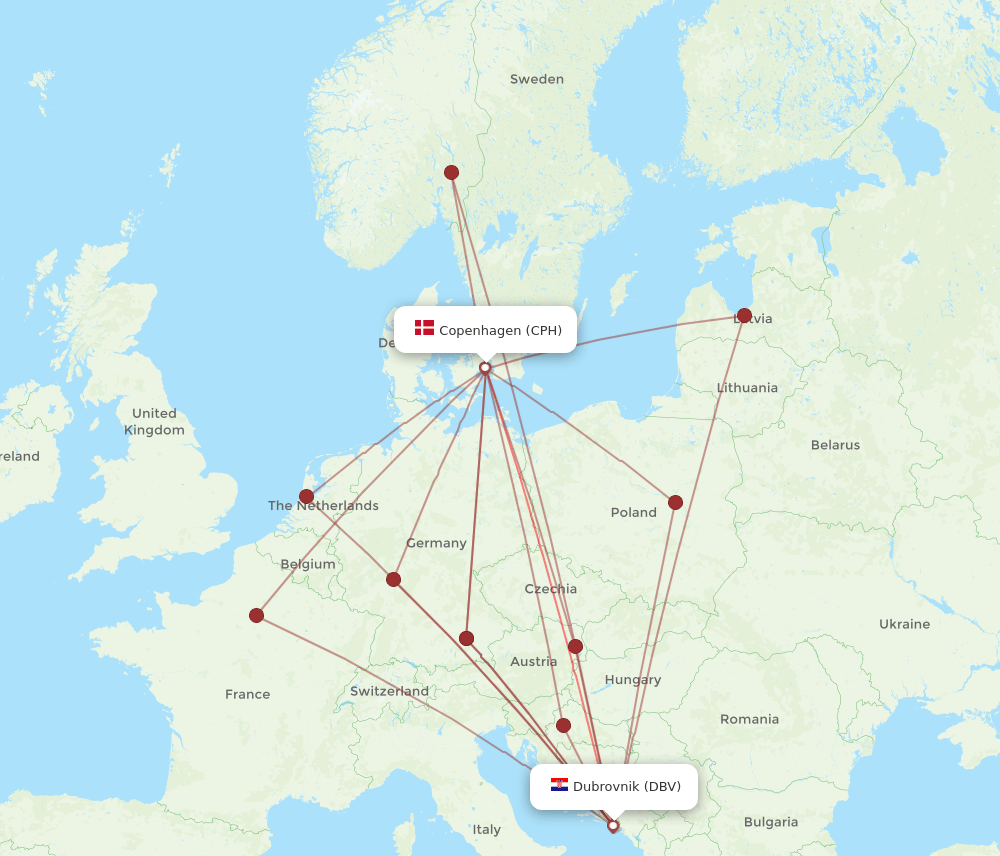 CPH to DBV flights and routes map