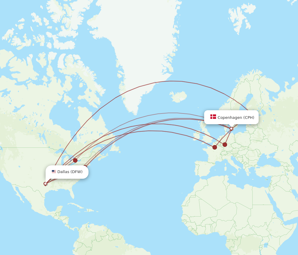 CPH to DFW flights and routes map