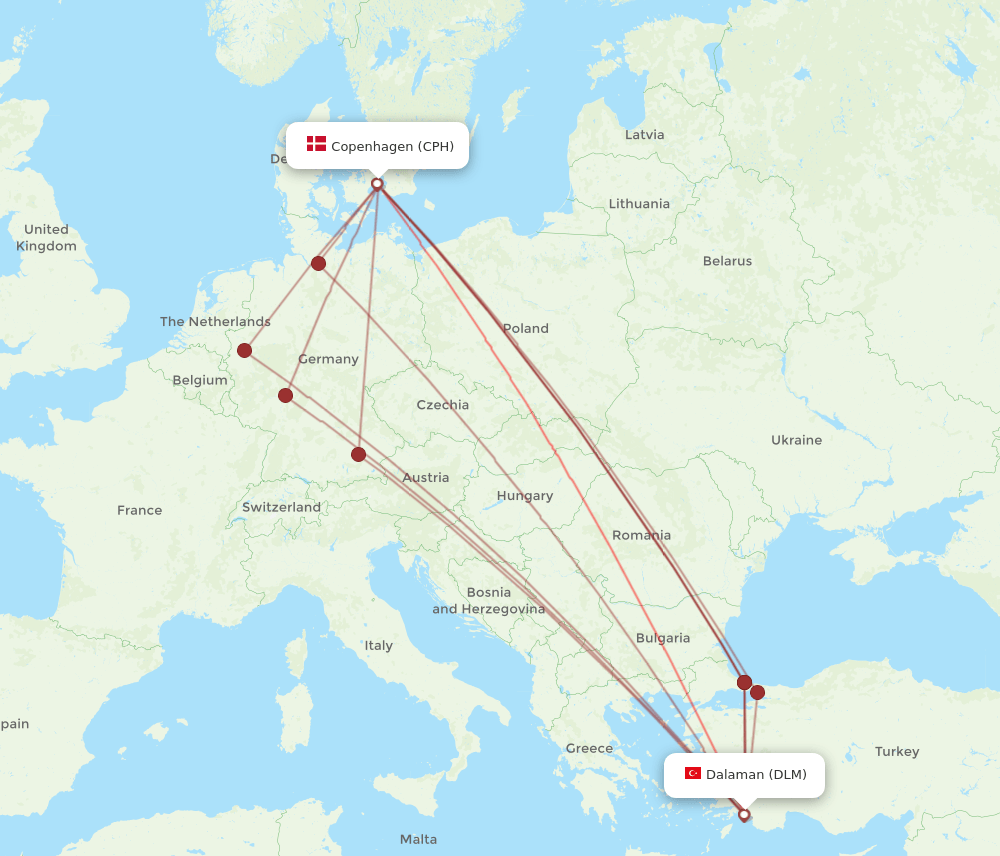CPH to DLM flights and routes map