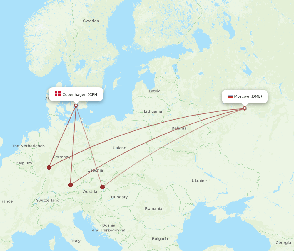 Copenhagen - Moscow route map and flight paths