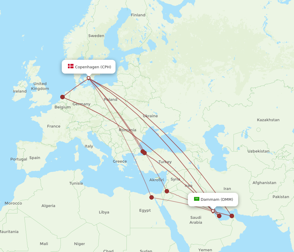 CPH to DMM flights and routes map