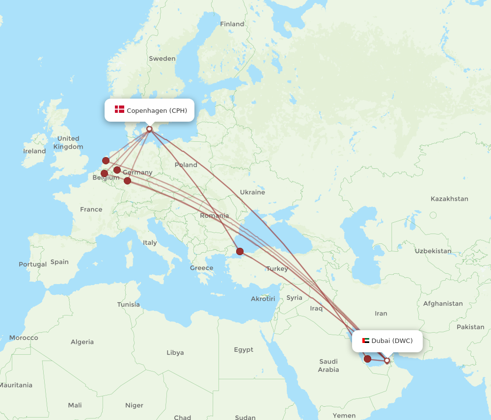 CPH to DWC flights and routes map