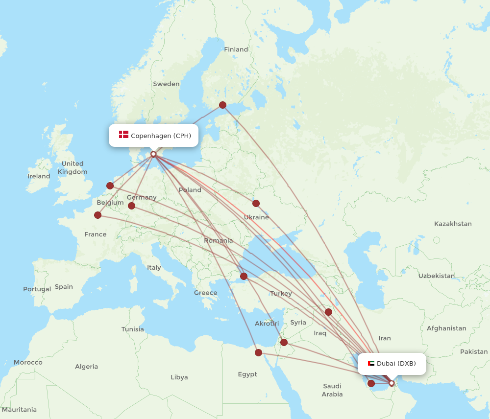CPH to DXB flights and routes map