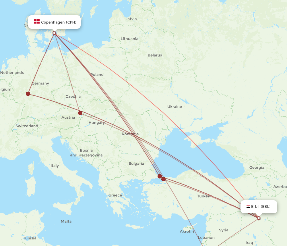 CPH to EBL flights and routes map
