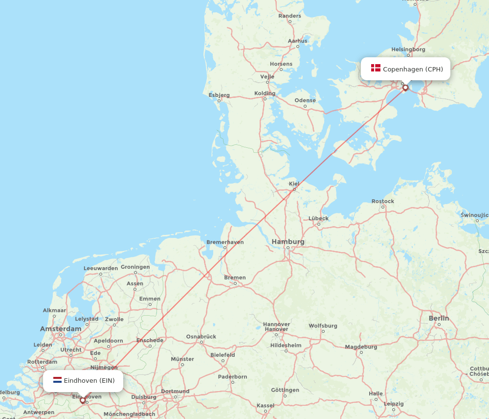 Copenhagen - Eindhoven route map and flight paths