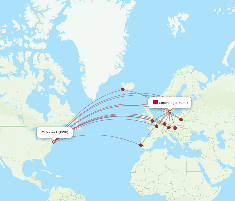CPH to EWR flights and routes map