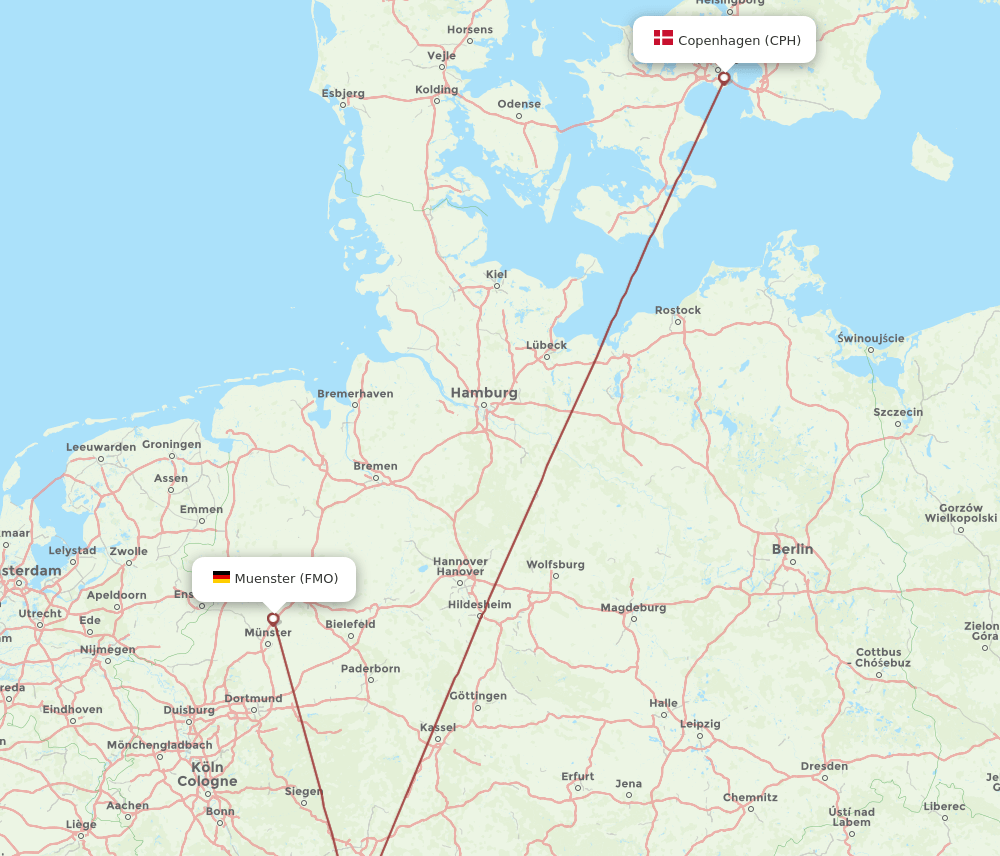 Copenhagen - Muenster route map and flight paths