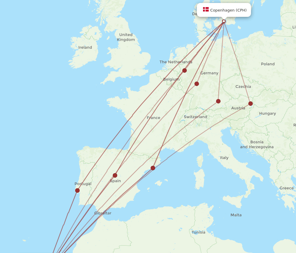 CPH to FUE flights and routes map