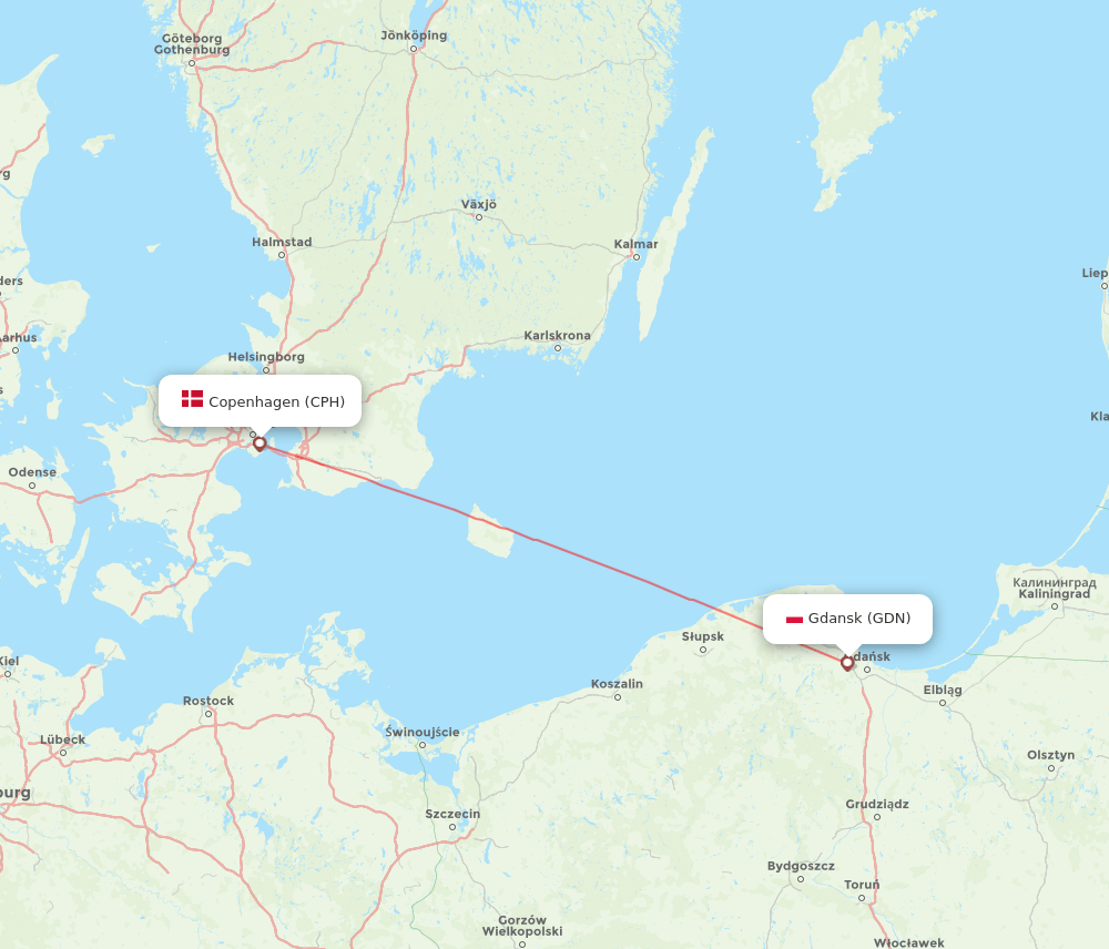 Copenhagen - Gdansk route map and flight paths