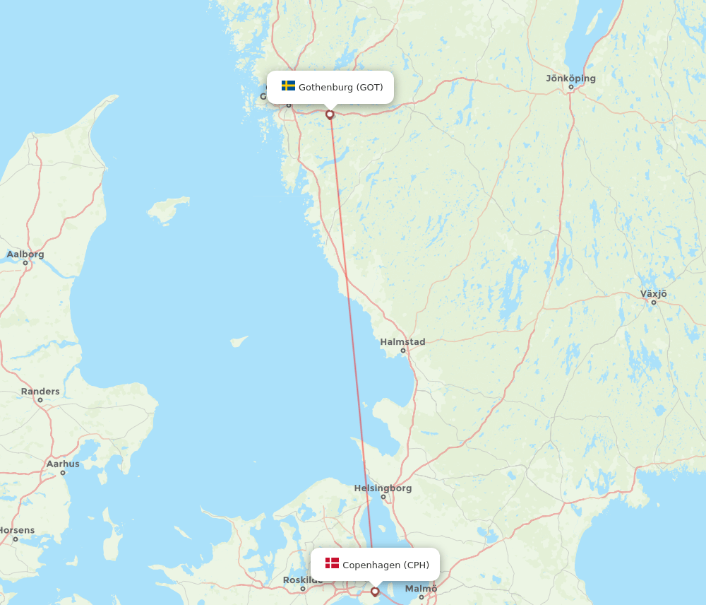 Copenhagen - Gothenburg route map and flight paths