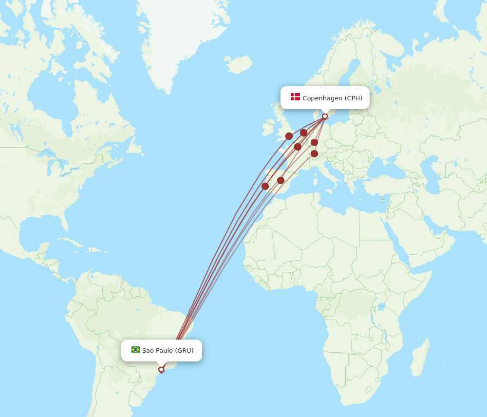 CPH to GRU flights and routes map