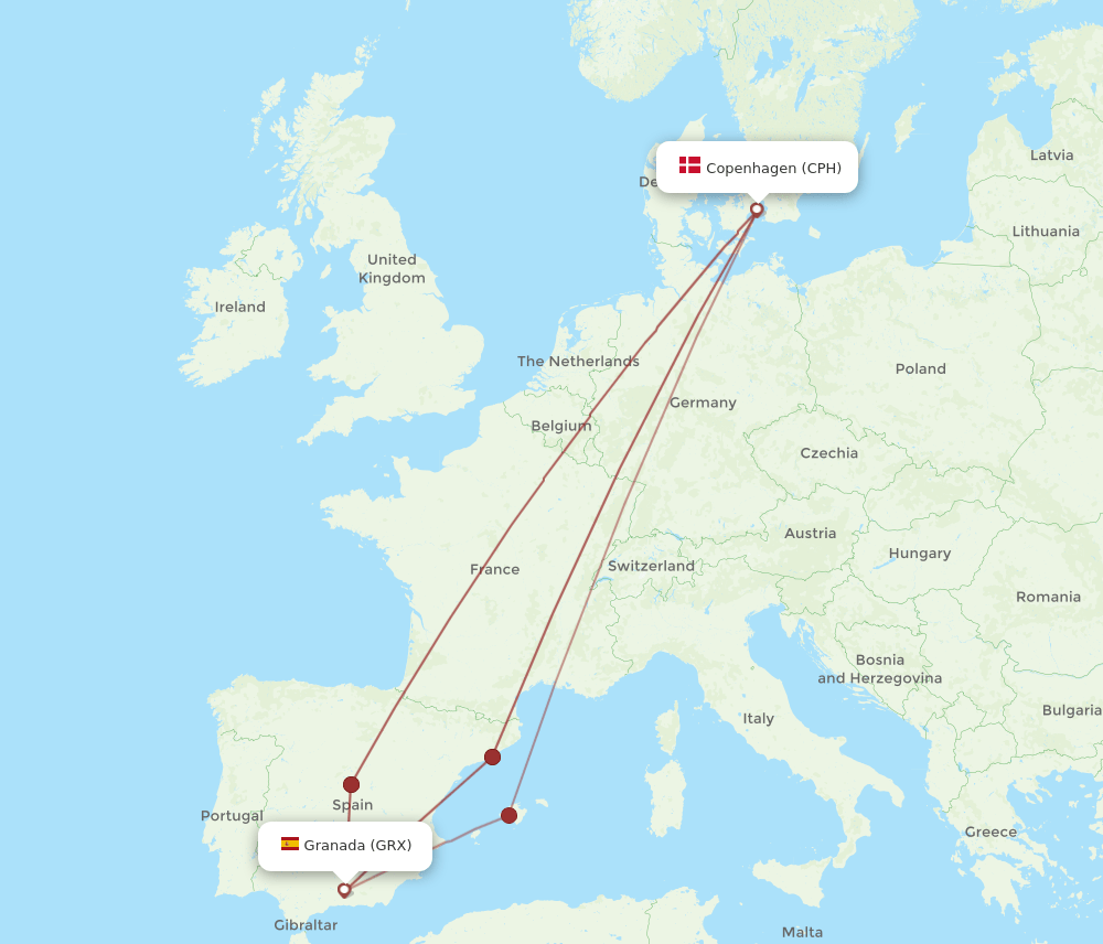 CPH to GRX flights and routes map