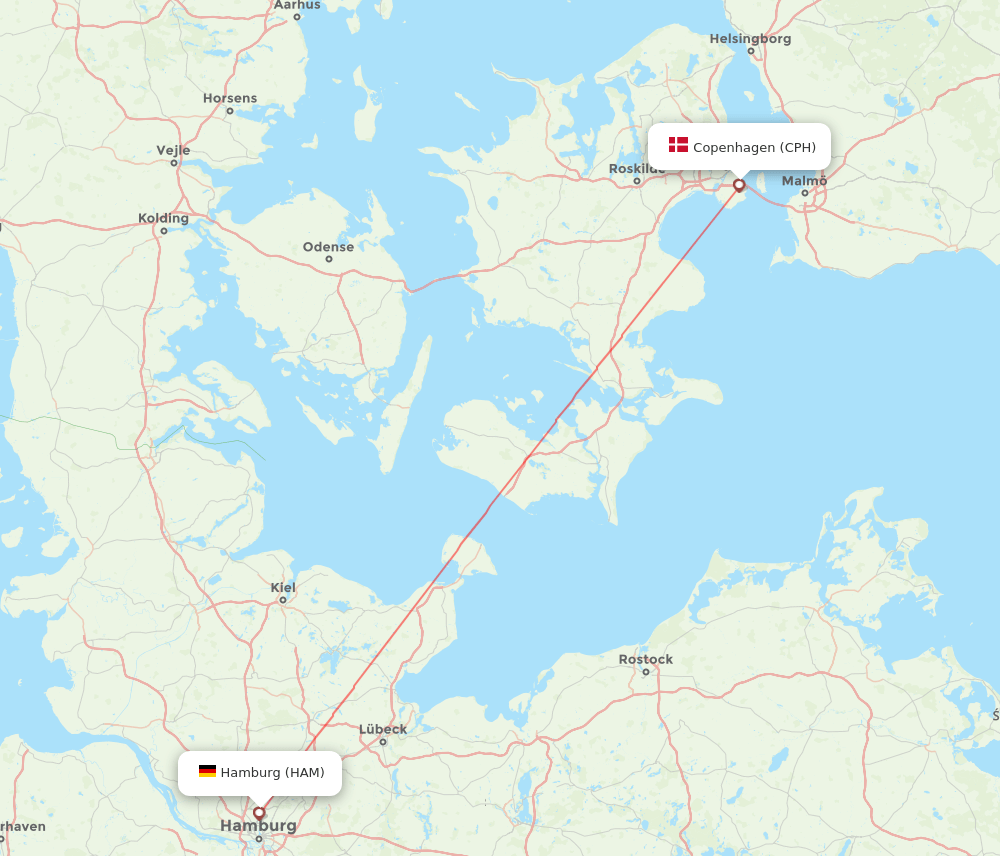 Copenhagen - Hamburg route map and flight paths