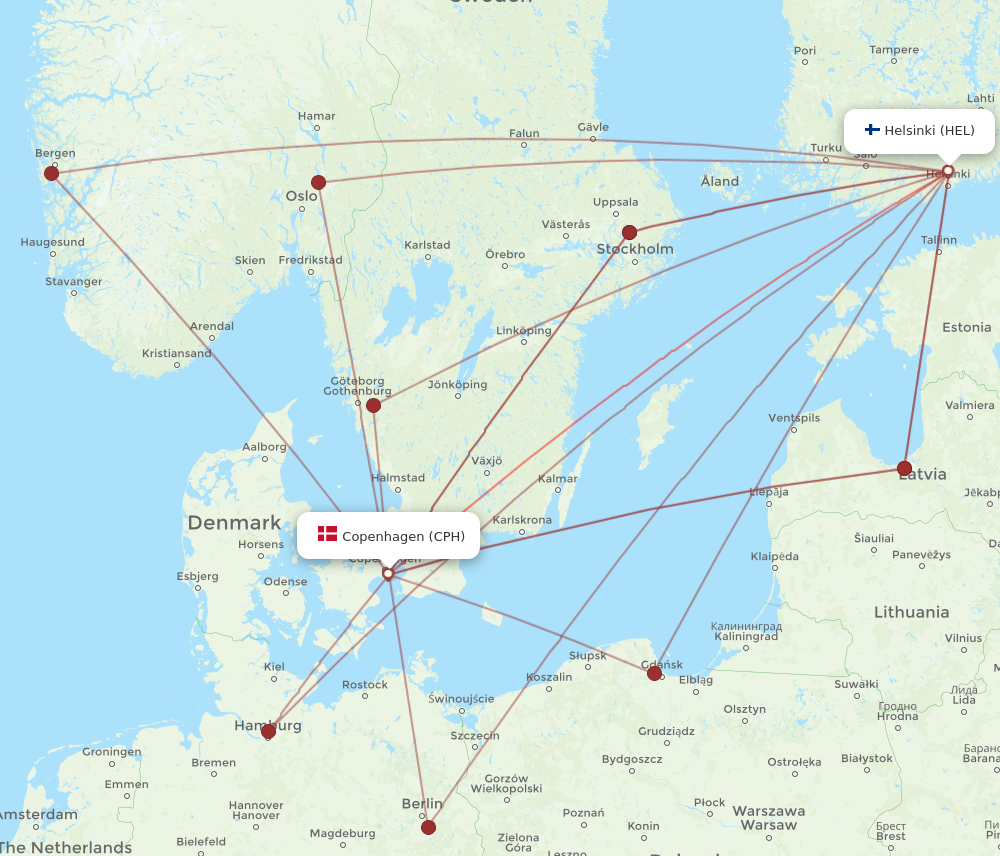 CPH to HEL flights and routes map