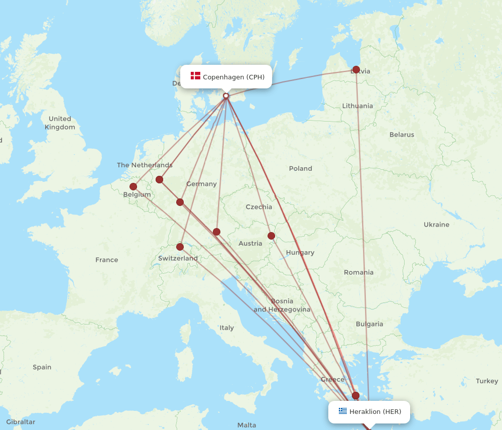 CPH to HER flights and routes map