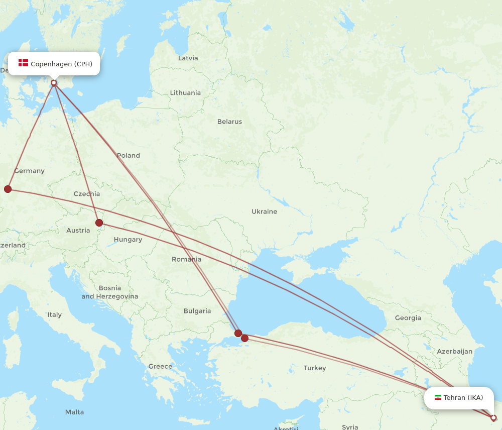CPH-IKA flight routes
