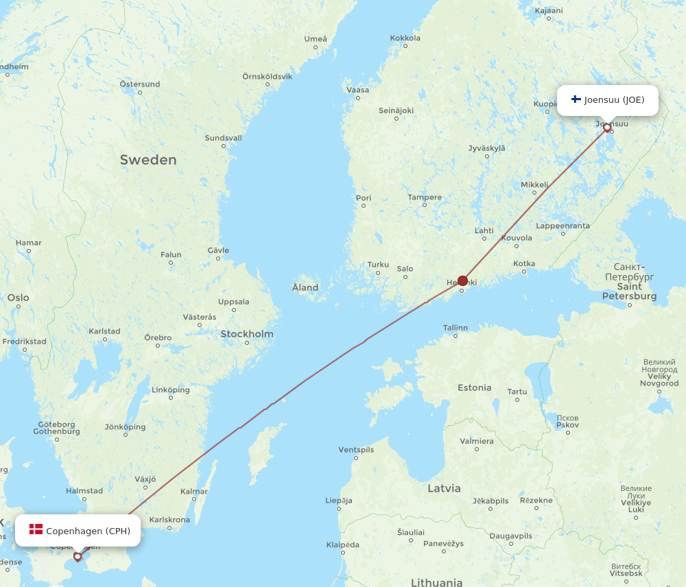 CPH to JOE flights and routes map