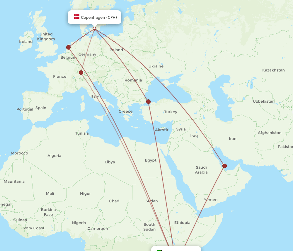 CPH-JRO flight routes
