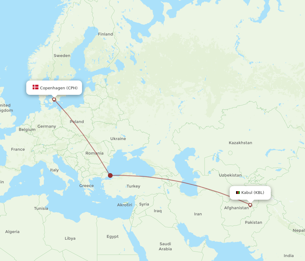 CPH to KBL flights and routes map