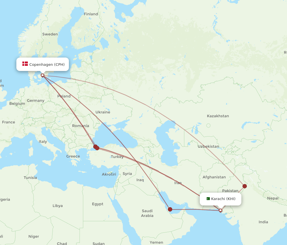 CPH-KHI flight routes