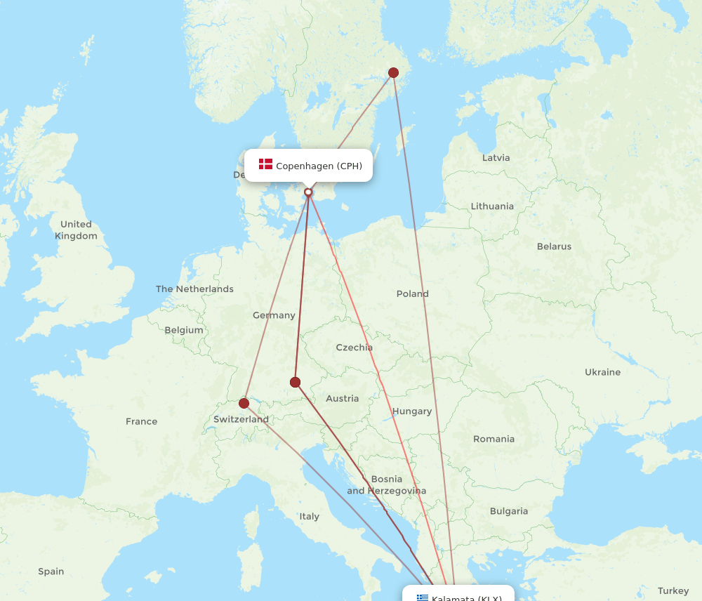CPH to KLX flights and routes map