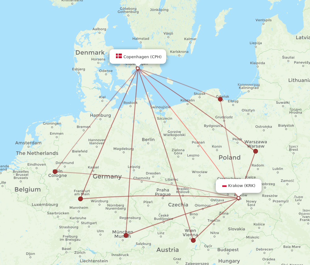 CPH to KRK flights and routes map