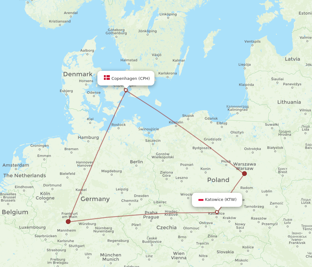 CPH to KTW flights and routes map