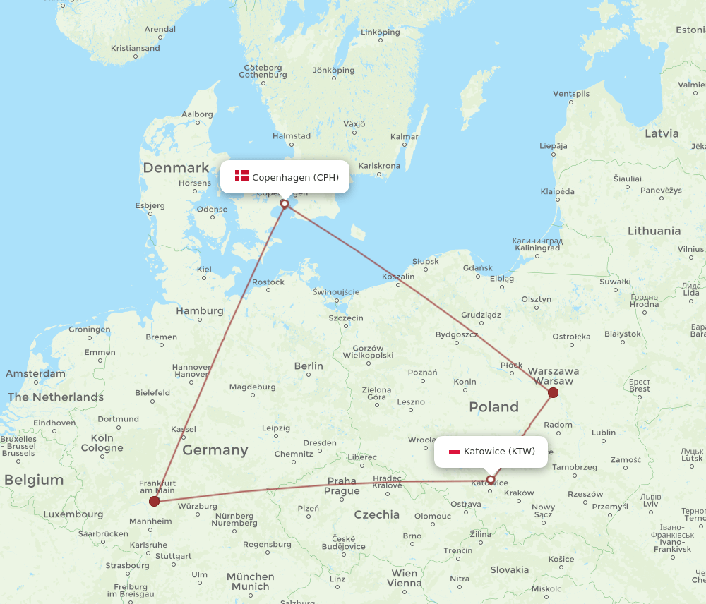 CPH to KTW flights and routes map