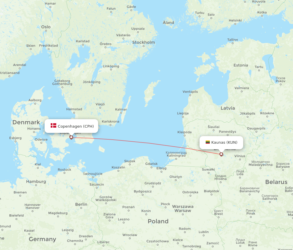 Copenhagen - Kaunas route map and flight paths
