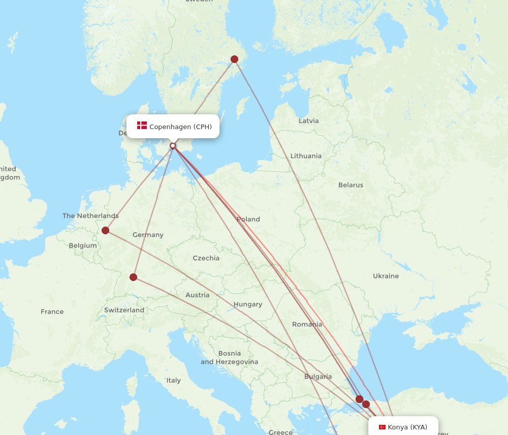 CPH to KYA flights and routes map